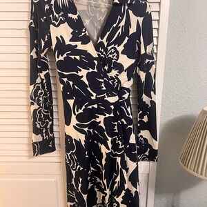 Diane Von Furstenberg Blue and Cream Floral Long Sleeve wrap Dress